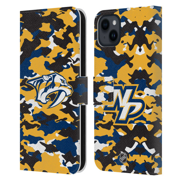 NHL Nashville Predators Camouflage Leather Book Wallet Case Cover For Apple iPhone 15 Plus