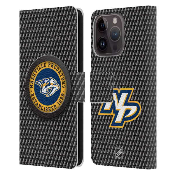 NHL Nashville Predators Puck Texture Leather Book Wallet Case Cover For Apple iPhone 15 Pro