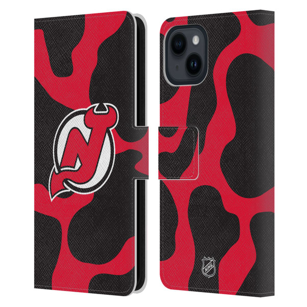 NHL New Jersey Devils Cow Pattern Leather Book Wallet Case Cover For Apple iPhone 15