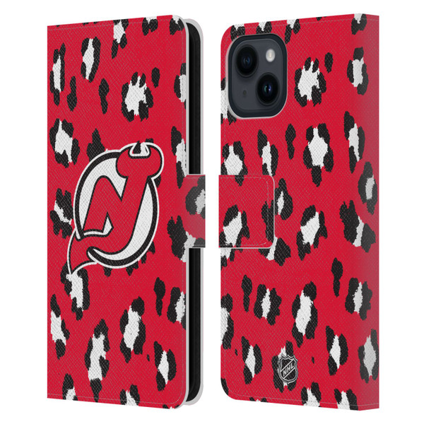 NHL New Jersey Devils Leopard Patten Leather Book Wallet Case Cover For Apple iPhone 15