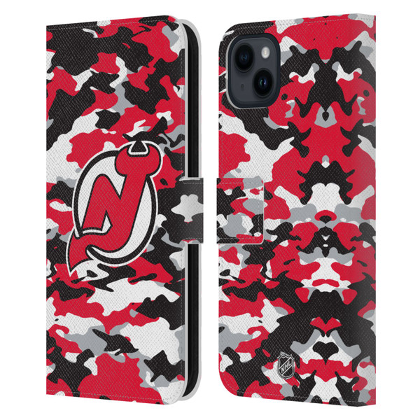 NHL New Jersey Devils Camouflage Leather Book Wallet Case Cover For Apple iPhone 15 Plus