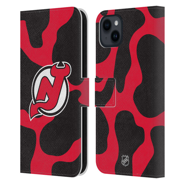 NHL New Jersey Devils Cow Pattern Leather Book Wallet Case Cover For Apple iPhone 15 Plus
