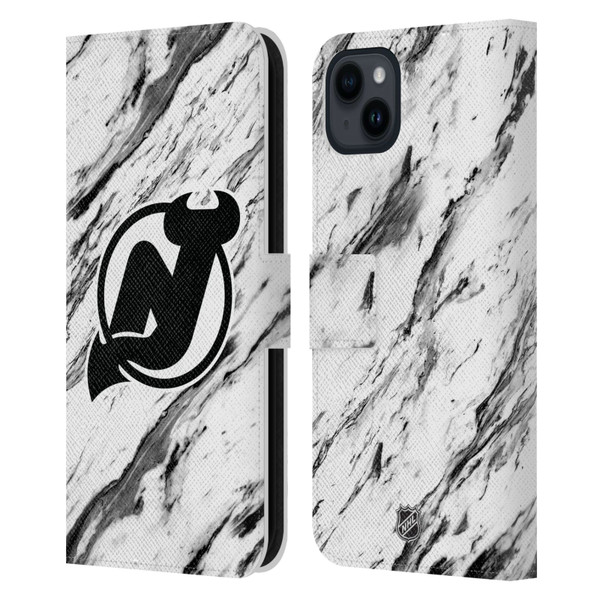 NHL New Jersey Devils Marble Leather Book Wallet Case Cover For Apple iPhone 15 Plus