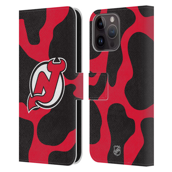 NHL New Jersey Devils Cow Pattern Leather Book Wallet Case Cover For Apple iPhone 15 Pro Max