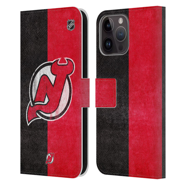 NHL New Jersey Devils Half Distressed Leather Book Wallet Case Cover For Apple iPhone 15 Pro Max