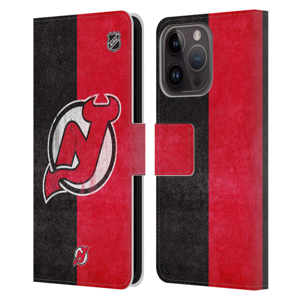 NHL New Jersey Devils Half Distressed Leather Book Wallet Case Cover For Apple iPhone 15 Pro