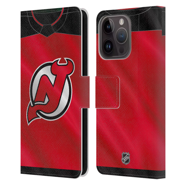 NHL New Jersey Devils Jersey Leather Book Wallet Case Cover For Apple iPhone 15 Pro