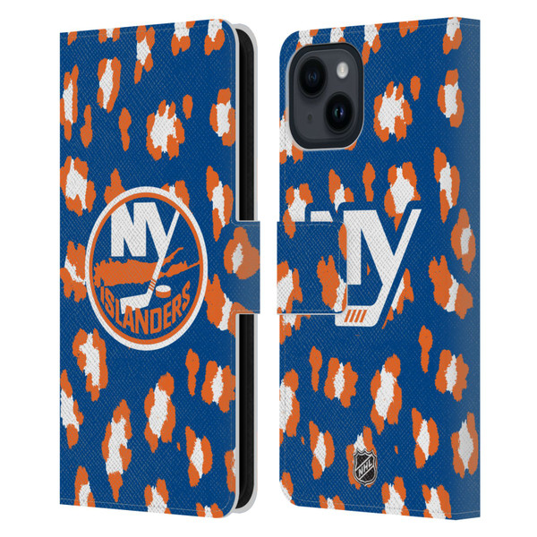 NHL New York Islanders Leopard Patten Leather Book Wallet Case Cover For Apple iPhone 15