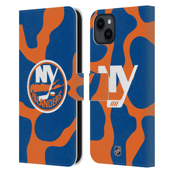 NHL New York Islanders Cow Pattern Leather Book Wallet Case Cover For Apple iPhone 15 Plus