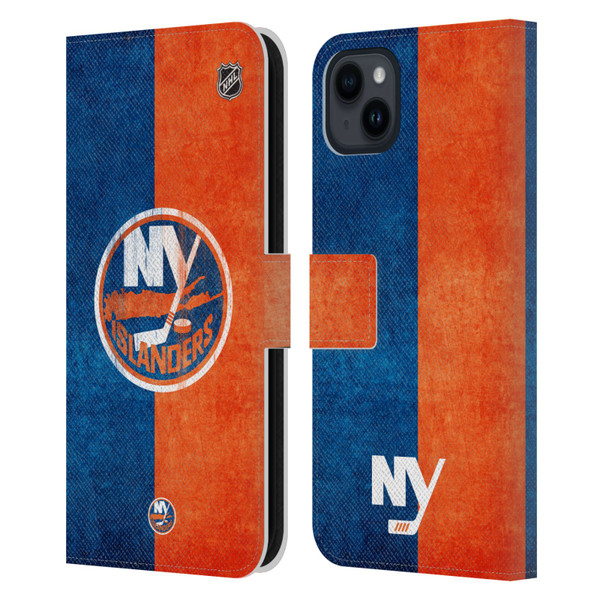 NHL New York Islanders Half Distressed Leather Book Wallet Case Cover For Apple iPhone 15 Plus