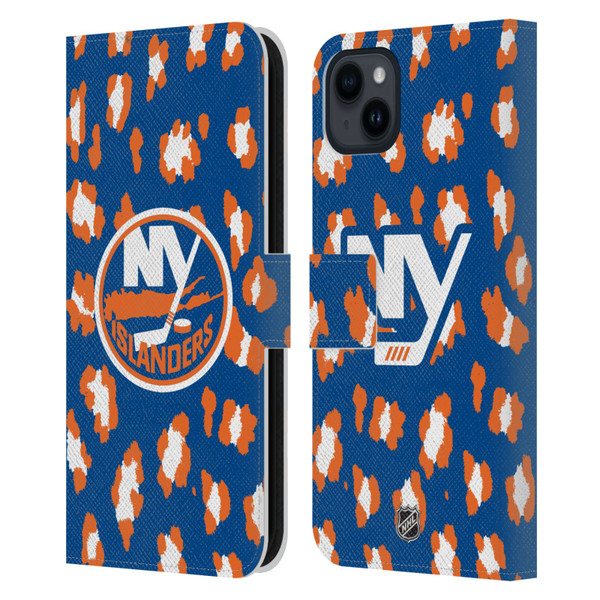 NHL New York Islanders Leopard Patten Leather Book Wallet Case Cover For Apple iPhone 15 Plus