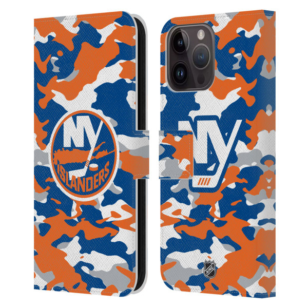 NHL New York Islanders Camouflage Leather Book Wallet Case Cover For Apple iPhone 15 Pro Max