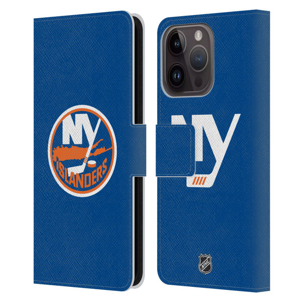 NHL New York Islanders Plain Leather Book Wallet Case Cover For Apple iPhone 15 Pro