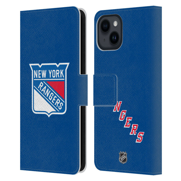 NHL New York Rangers Plain Leather Book Wallet Case Cover For Apple iPhone 15