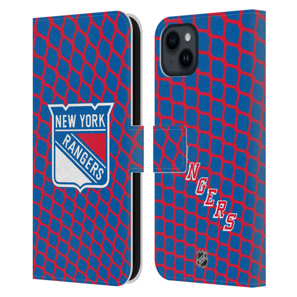 NHL New York Rangers Net Pattern Leather Book Wallet Case Cover For Apple iPhone 15 Plus