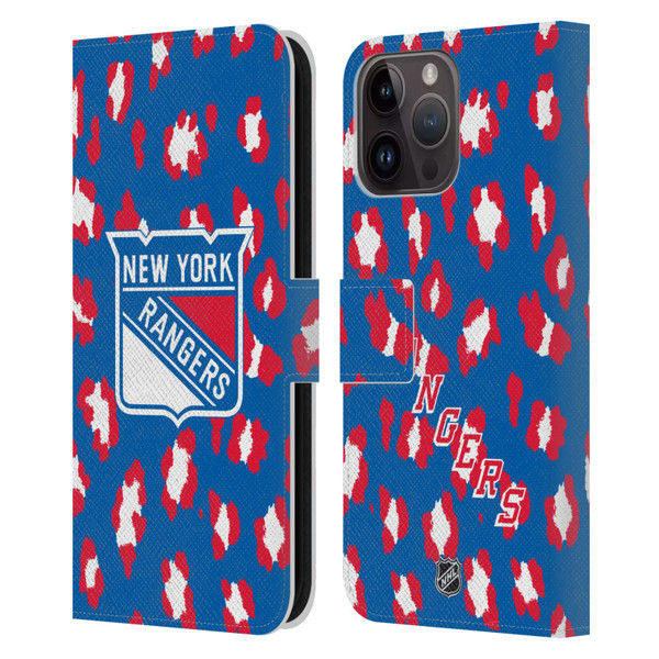 NHL New York Rangers Leopard Patten Leather Book Wallet Case Cover For Apple iPhone 15 Pro Max