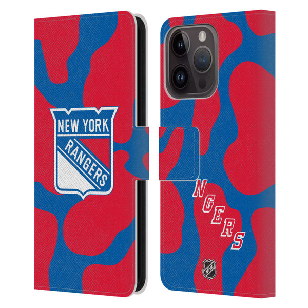 NHL New York Rangers Cow Pattern Leather Book Wallet Case Cover For Apple iPhone 15 Pro
