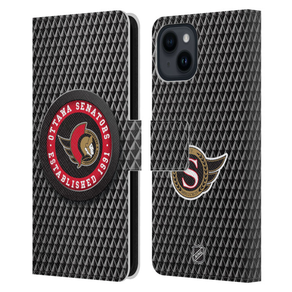 NHL Ottawa Senators Puck Texture Leather Book Wallet Case Cover For Apple iPhone 15