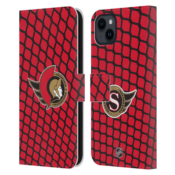 NHL Ottawa Senators Net Pattern Leather Book Wallet Case Cover For Apple iPhone 15 Plus