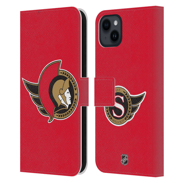 NHL Ottawa Senators Plain Leather Book Wallet Case Cover For Apple iPhone 15 Plus