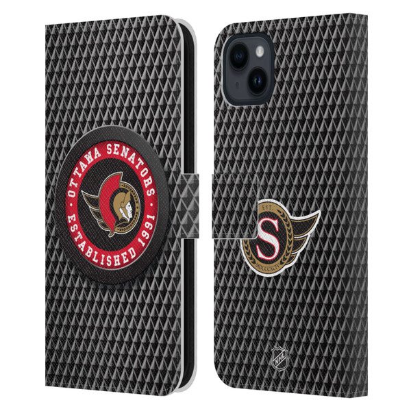 NHL Ottawa Senators Puck Texture Leather Book Wallet Case Cover For Apple iPhone 15 Plus