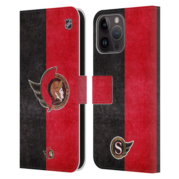 NHL Ottawa Senators Half Distressed Leather Book Wallet Case Cover For Apple iPhone 15 Pro Max