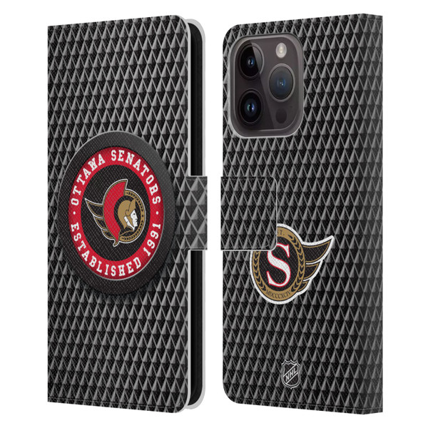 NHL Ottawa Senators Puck Texture Leather Book Wallet Case Cover For Apple iPhone 15 Pro