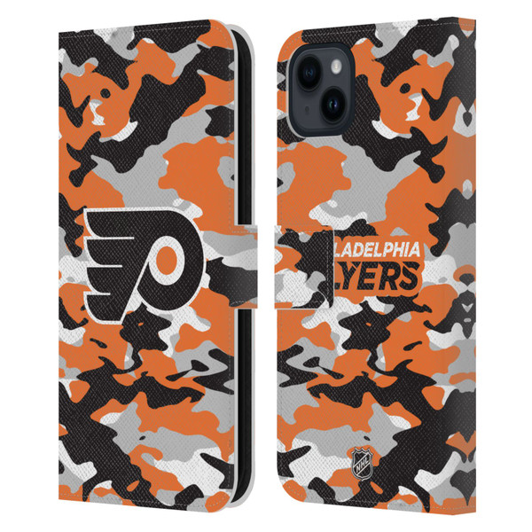 NHL Philadelphia Flyers Camouflage Leather Book Wallet Case Cover For Apple iPhone 15 Plus