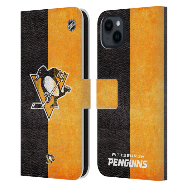 NHL Pittsburgh Penguins Half Distressed Leather Book Wallet Case Cover For Apple iPhone 15 Plus