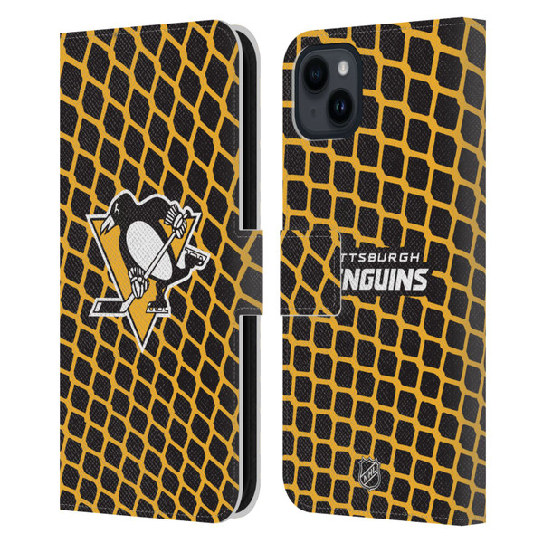 NHL Pittsburgh Penguins Net Pattern Leather Book Wallet Case Cover For Apple iPhone 15 Plus