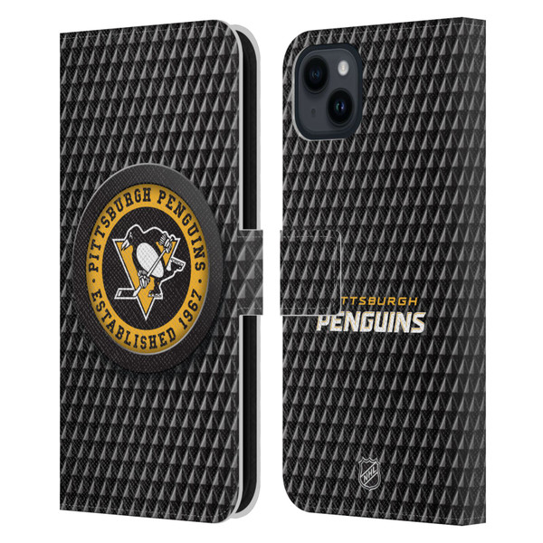 NHL Pittsburgh Penguins Puck Texture Leather Book Wallet Case Cover For Apple iPhone 15 Plus