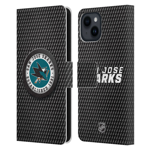 NHL San Jose Sharks Puck Texture Leather Book Wallet Case Cover For Apple iPhone 15