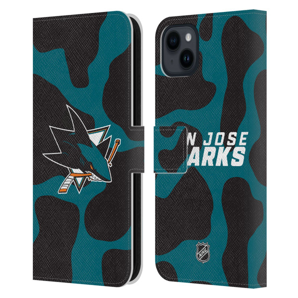 NHL San Jose Sharks Cow Pattern Leather Book Wallet Case Cover For Apple iPhone 15 Plus