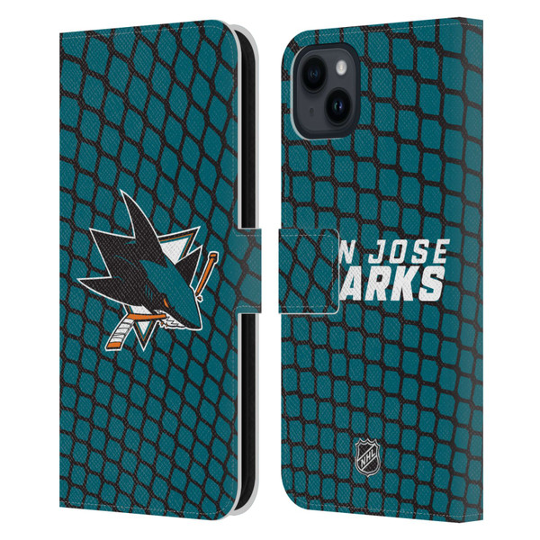 NHL San Jose Sharks Net Pattern Leather Book Wallet Case Cover For Apple iPhone 15 Plus