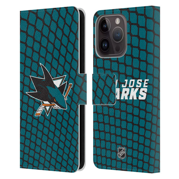 NHL San Jose Sharks Net Pattern Leather Book Wallet Case Cover For Apple iPhone 15 Pro