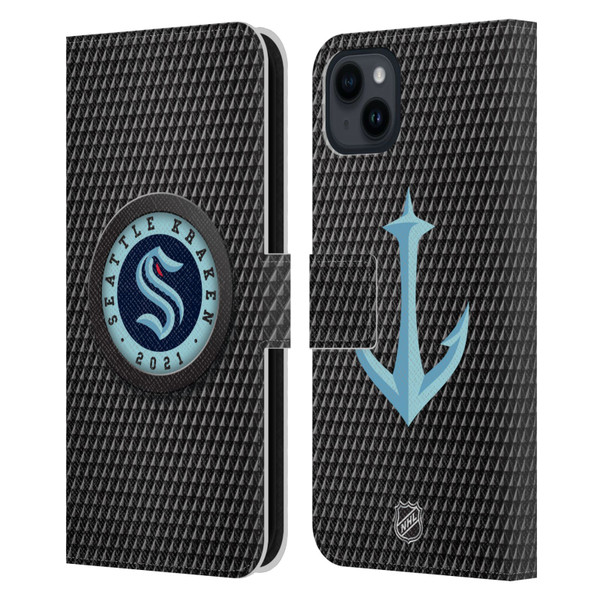 NHL Seattle Kraken Puck Texture Leather Book Wallet Case Cover For Apple iPhone 15 Plus