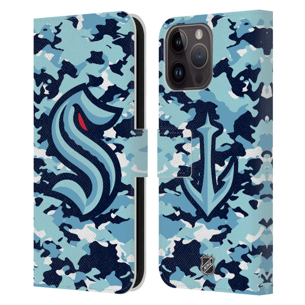 NHL Seattle Kraken Camouflage Leather Book Wallet Case Cover For Apple iPhone 15 Pro Max