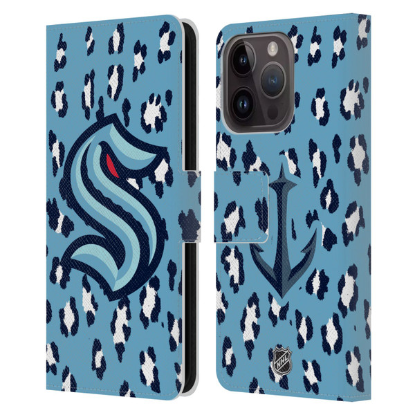 NHL Seattle Kraken Leopard Patten Leather Book Wallet Case Cover For Apple iPhone 15 Pro