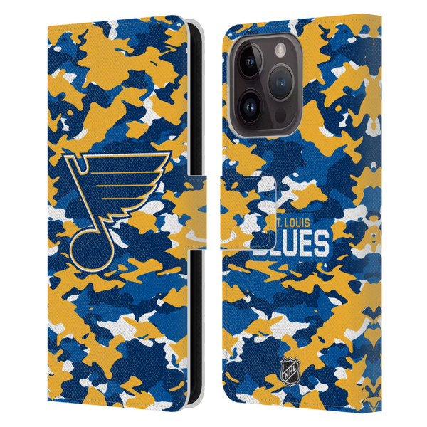 NHL St Louis Blues Camouflage Leather Book Wallet Case Cover For Apple iPhone 15 Pro