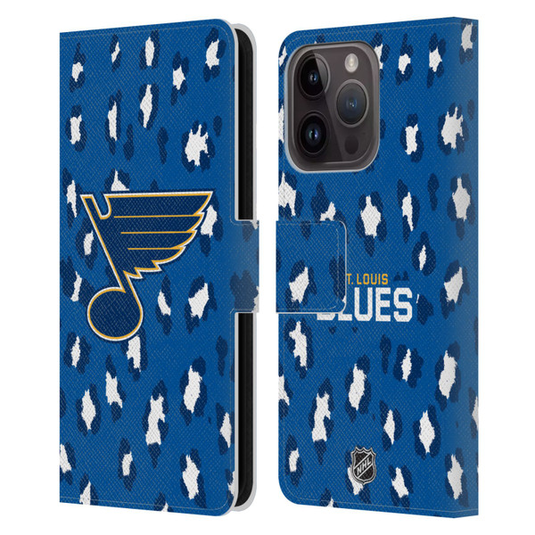 NHL St Louis Blues Leopard Patten Leather Book Wallet Case Cover For Apple iPhone 15 Pro