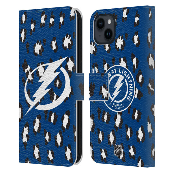 NHL Tampa Bay Lightning Leopard Patten Leather Book Wallet Case Cover For Apple iPhone 15 Plus