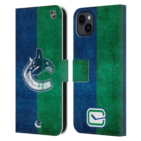 NHL Vancouver Canucks Half Distressed Leather Book Wallet Case Cover For Apple iPhone 15 Plus