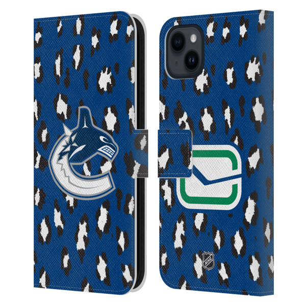 NHL Vancouver Canucks Leopard Patten Leather Book Wallet Case Cover For Apple iPhone 15 Plus