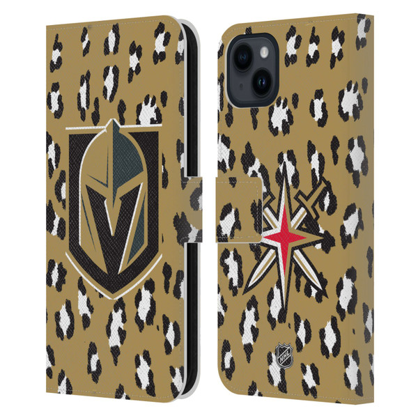 NHL Vegas Golden Knights Leopard Patten Leather Book Wallet Case Cover For Apple iPhone 15 Plus
