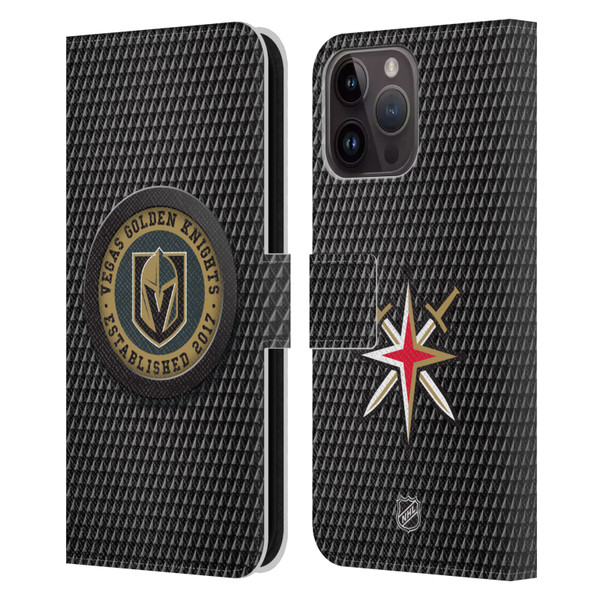 NHL Vegas Golden Knights Puck Texture Leather Book Wallet Case Cover For Apple iPhone 15 Pro Max