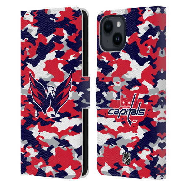 NHL Washington Capitals Camouflage Leather Book Wallet Case Cover For Apple iPhone 15