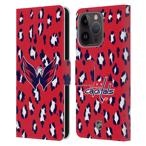 NHL Washington Capitals Leopard Patten Leather Book Wallet Case Cover For Apple iPhone 15 Pro