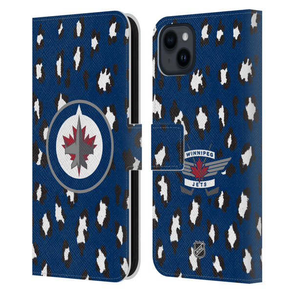 NHL Winnipeg Jets Leopard Patten Leather Book Wallet Case Cover For Apple iPhone 15 Plus