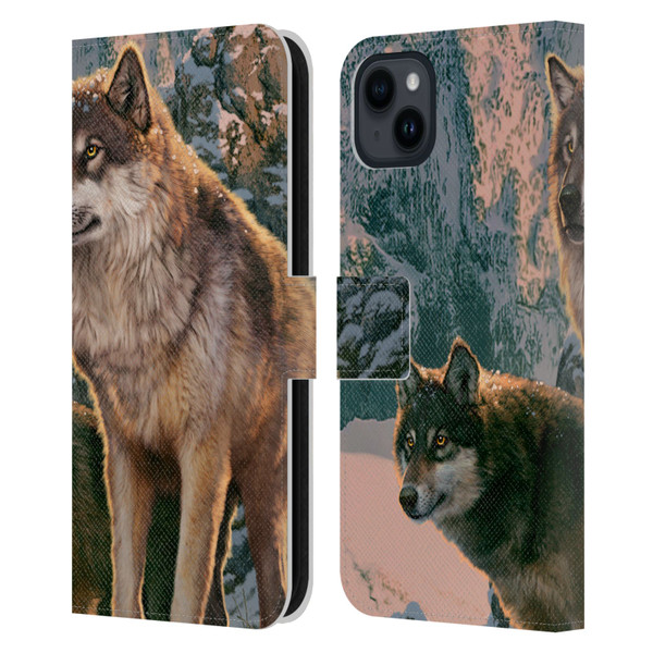 Vincent Hie Canidae Wolf Couple Leather Book Wallet Case Cover For Apple iPhone 15 Plus