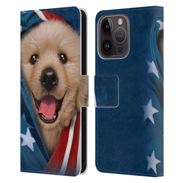 Vincent Hie Canidae Patriotic Golden Retriever Leather Book Wallet Case Cover For Apple iPhone 15 Pro